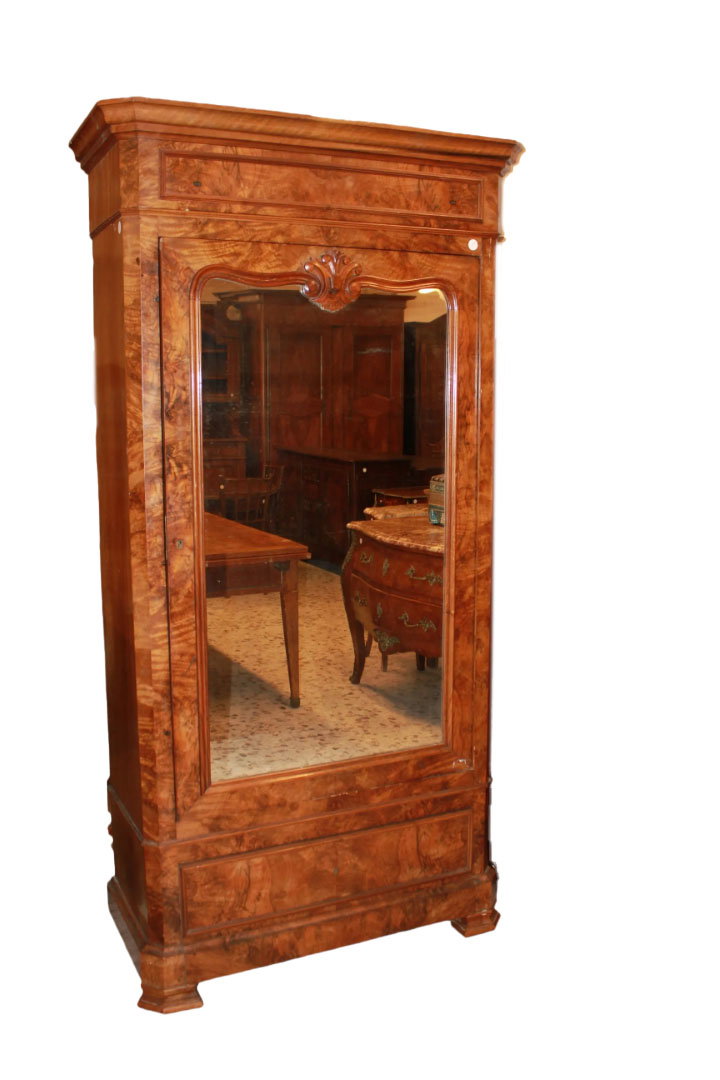 Armario de 1 puerta con espejo estilo Luis Felipe en madera de nogal